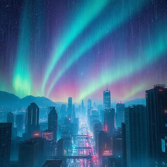 cosmic cyberpunk city aurora rain